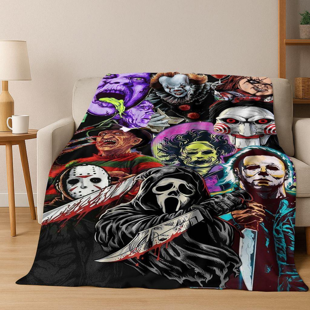Horror Chucky Pennywise Clown Halloween Saw Freddy Krueger Flannel Blanket Soft Warm Blanket for Bedroom Living Room Bed Picnic