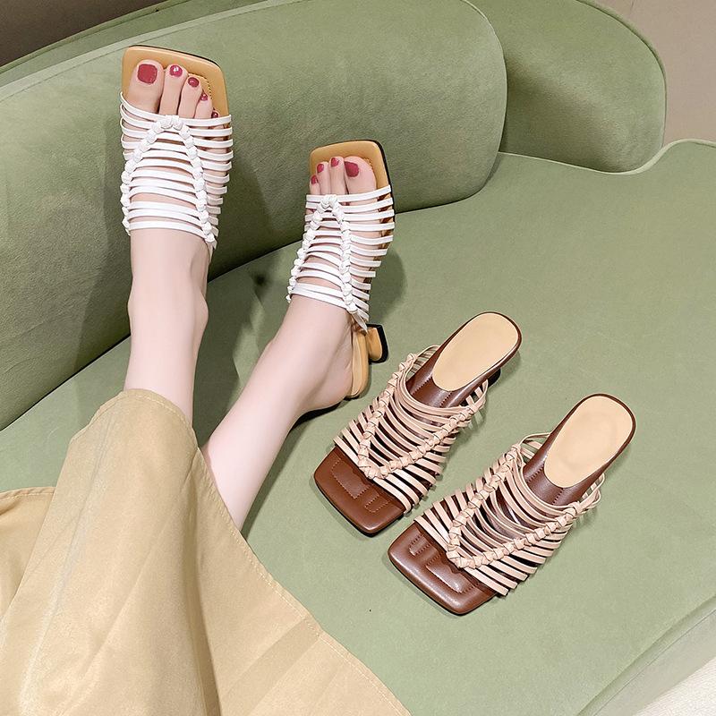 Internet Celebrities Weave Low-heeled Foreign Trade Sandals Summer New Square Head One Word Women's Drag Korean Version of Fashion Slippers