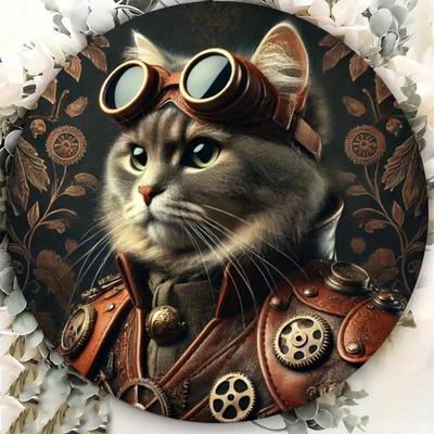 Steampunk Cat Metal Wall Art Ready To Hang Premium Leather Jacket Portrait Home Decor