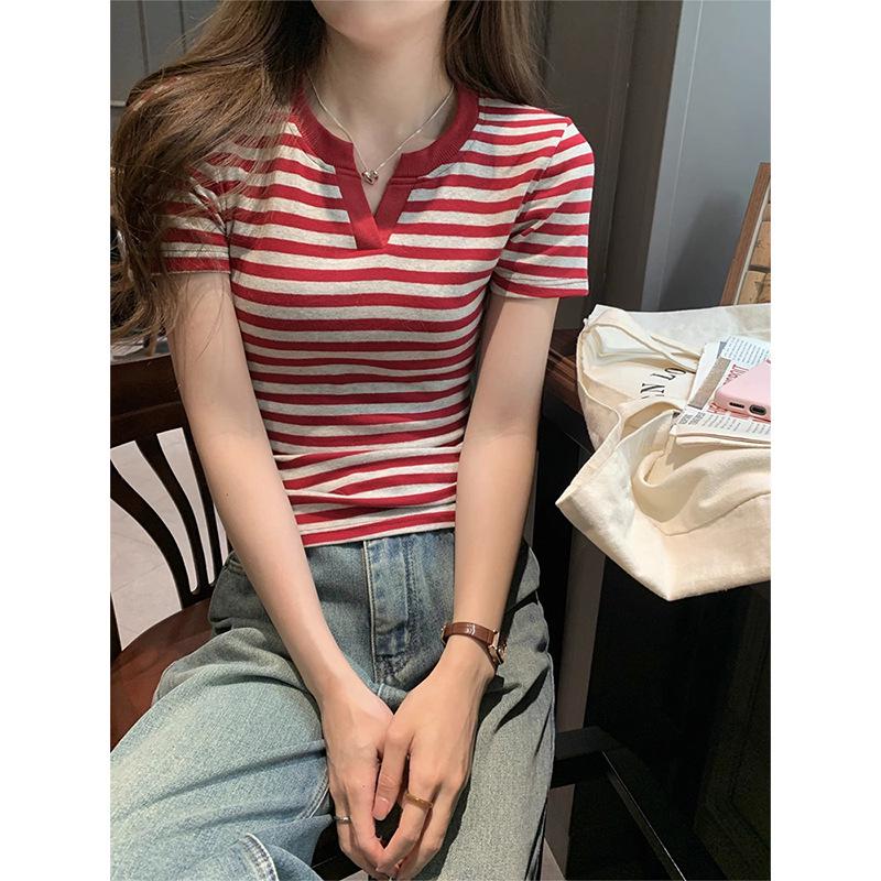 2025 Damen Sommer Schlank geschnitten Gestreiftes Colorblock Kurzarm Top