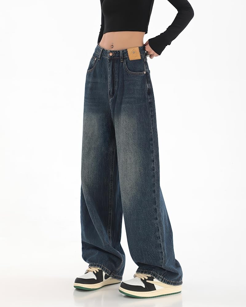 LUJPOIR Denim Straight Perfekt für Unterwegs und den Alltag Damen Wide-Leg Jeans, Passform, Lässig, Streetwear, Figurschmeichelnd, Ausgehen, Pendeln, - Blau-L