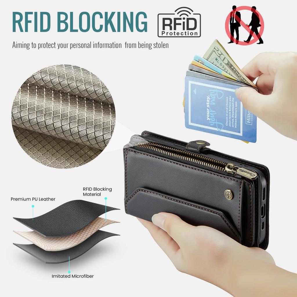 Crossbody for iPhone 14 Case Wallet RFID Blocking with 7-Card Holder Zipper Bills Slot, Soft PU Leather Magnetic Shoulder Wrist Strap