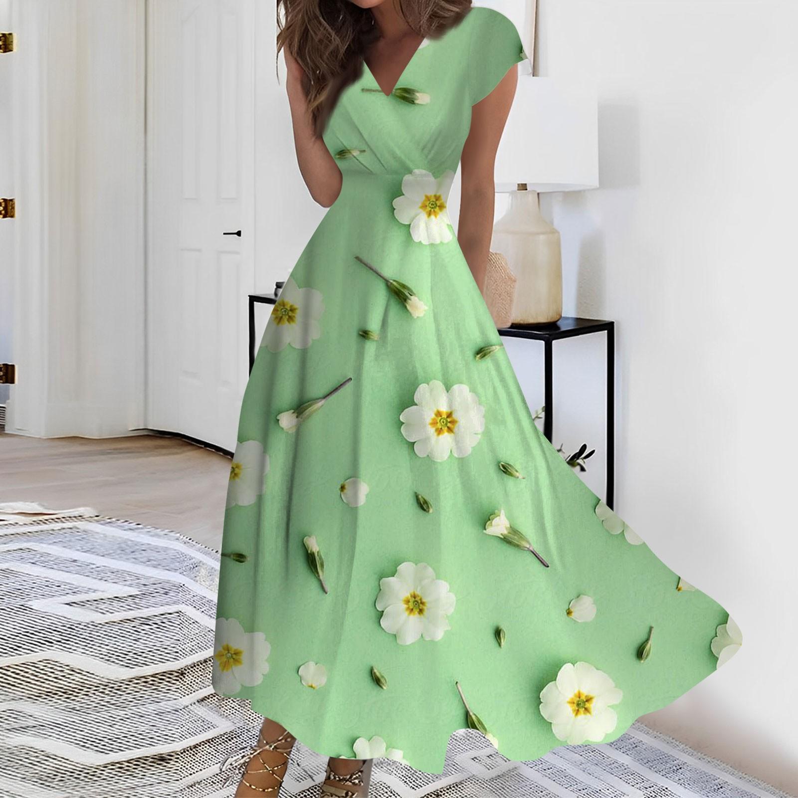

Женское длинное повседневное платье. Летнее платье с короткими рукавами и v-образным вырезом на талии с принтом. XXL зелёный