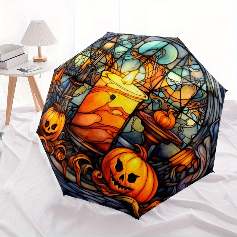 Halloween Stained Window Panel with Pumpkins and CandleUmbrella, Portable 3-Fold Compact Umbrella,Christmas Gift ES467