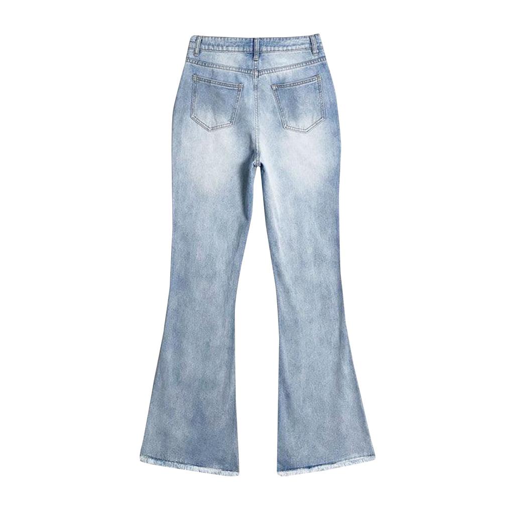 Ladies' Pocket Denim Wide Leg Pants With Holes And Slightly Flared Jeans