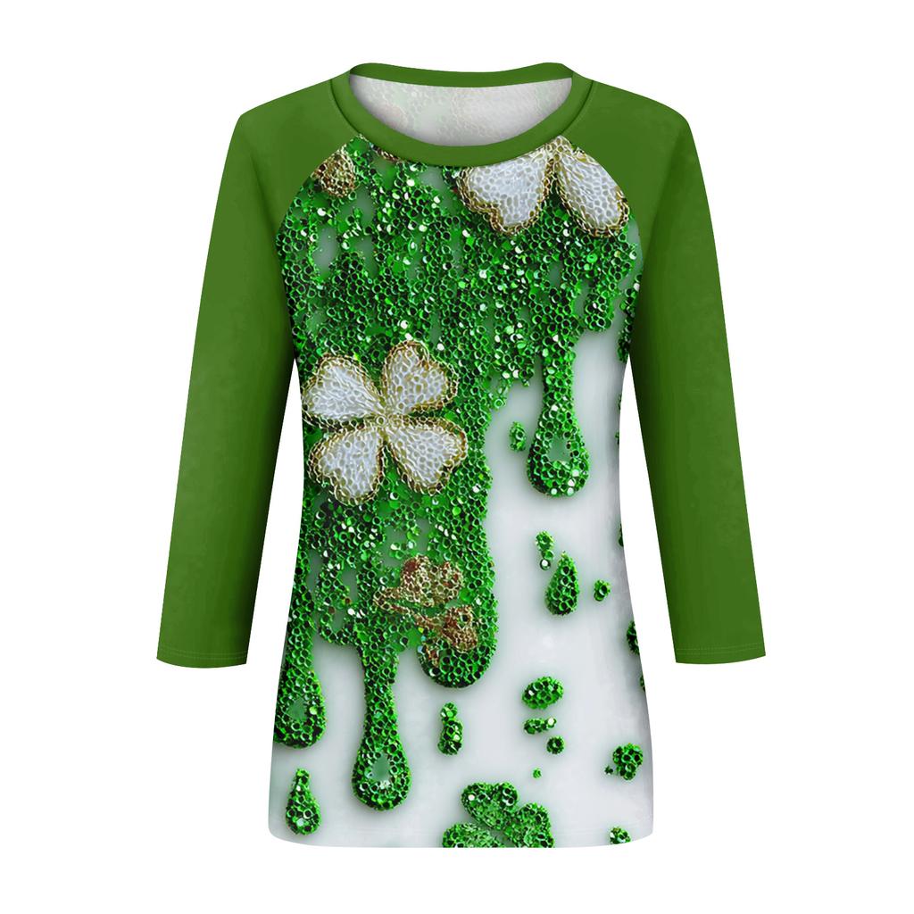 Women's St. Patrick's Day Print Round Neck Three-Quarter Sleeve Top