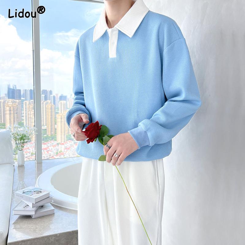 Spring and Autumn Minimalist Fashion Color Blocking Polo Collar Waffle Long Sleeved Casual Loose Oversized Versatile Hoodie