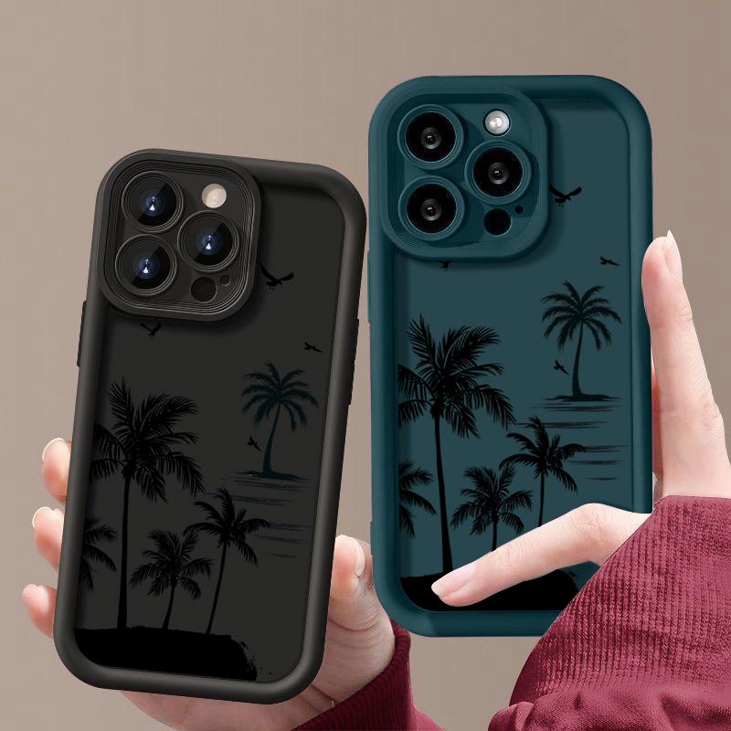 Coconut Tree Pattern Matte Phone Case For iPhone 16 Pro Max 15 Pro 14 13 12 11 Lens Protection Shockproof Soft TPU Bumper Cover