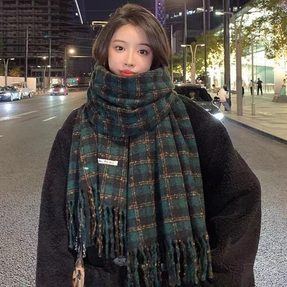 Tassel Winter Cashmere Scarves Plush Long Shawl Retro Plaid Wool Scarf  Autumn