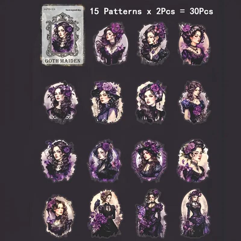 30-Piece Vintage Gothic Girl Sticker Set - Retro DIY Collages, Scrapbooks, Planners & Journals -Diverse Character Artistic Decor