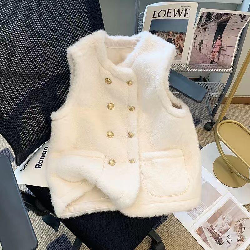 

Двубортная меховая жилетка-куртка с интегрированным мехом, женская осенне-зимняя утолщенная теплая безрукавка-кардиган S белый