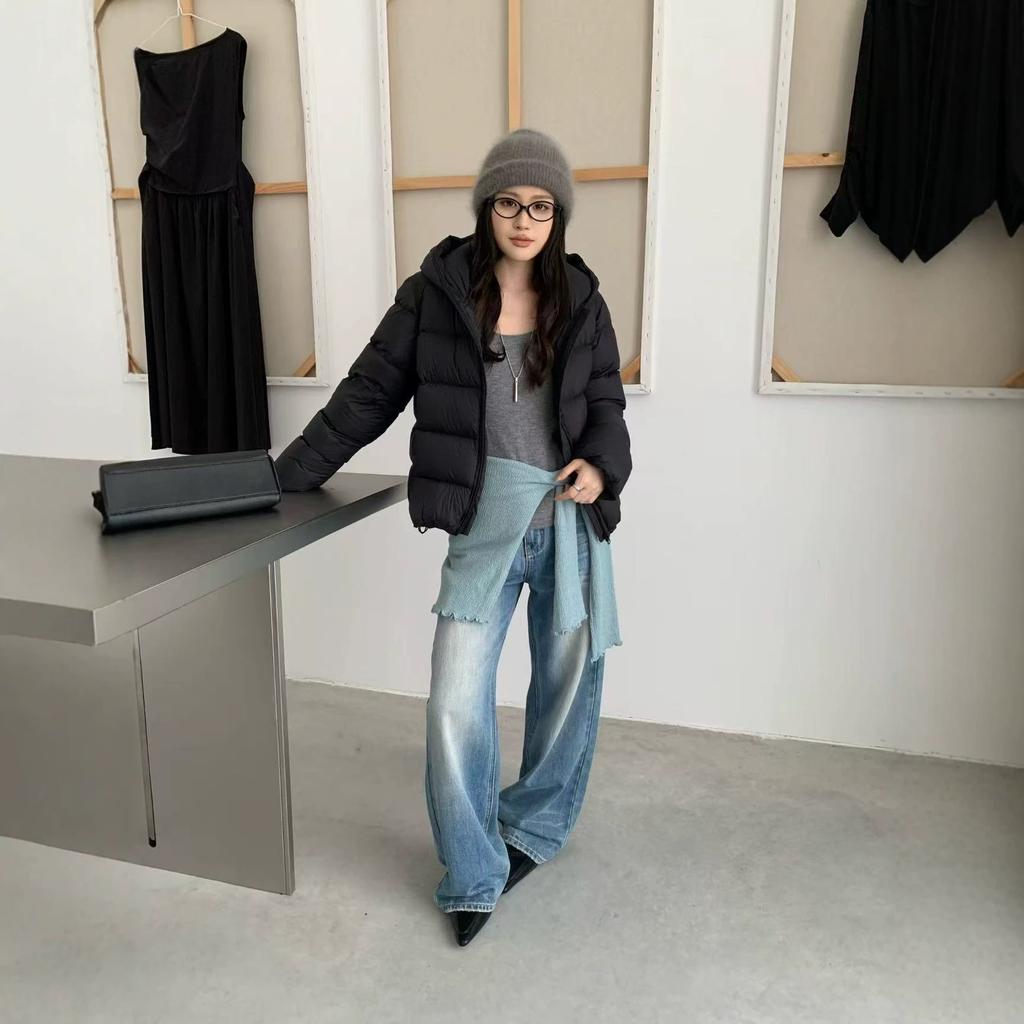 New hooded short down jacket women's simple puff cloud coat small loose winter coat
