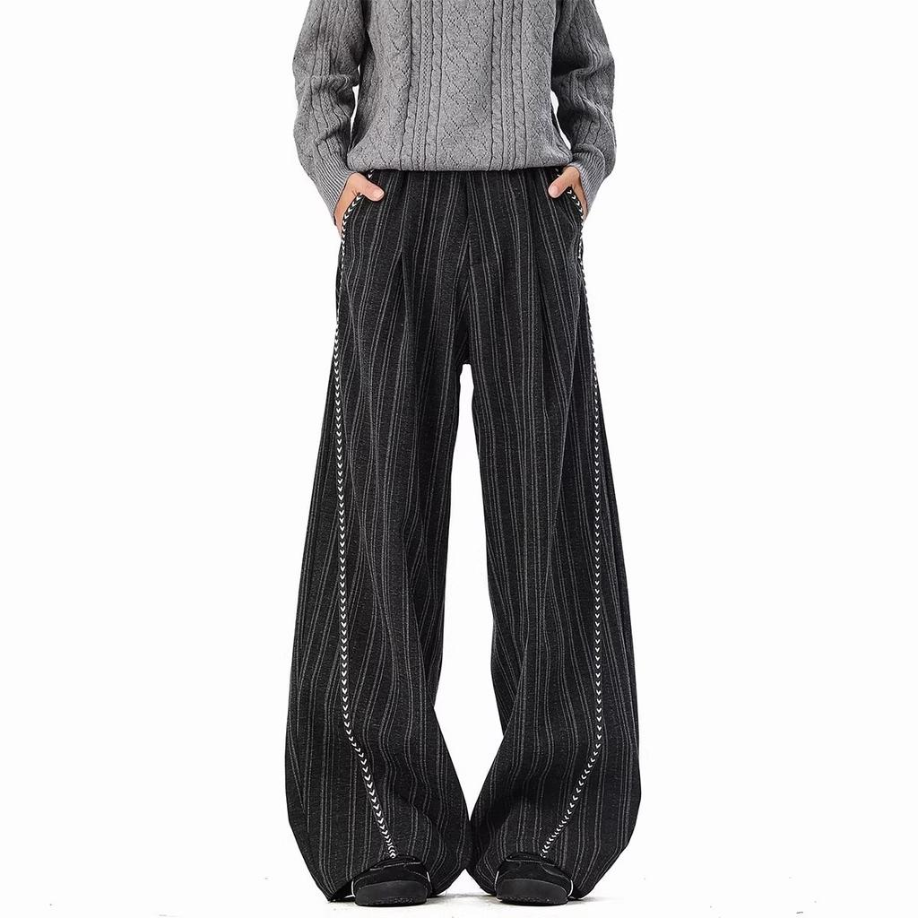 Old money style striped casual pants for men and women, spring and autumn retro loose drape wide-leg commuting versatile straight casual pants