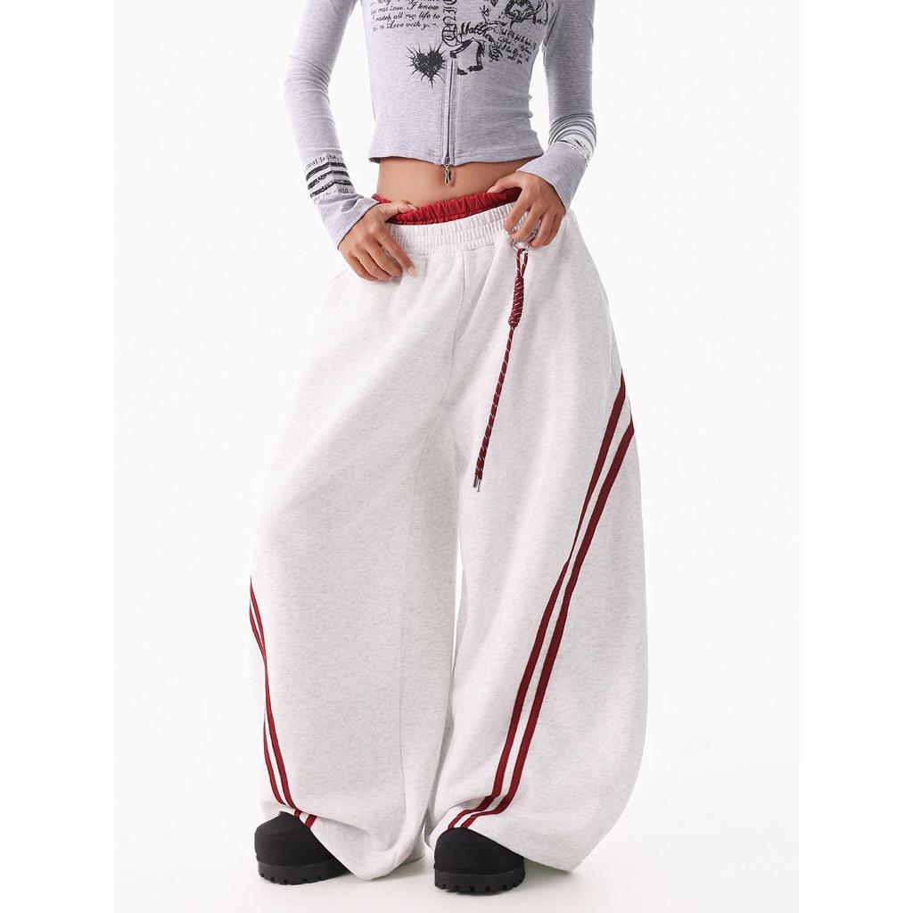 Women's Hip Hop Color Block Striped Sweatpants - Double Waistband, Baggy Fit for Spring/Autumn