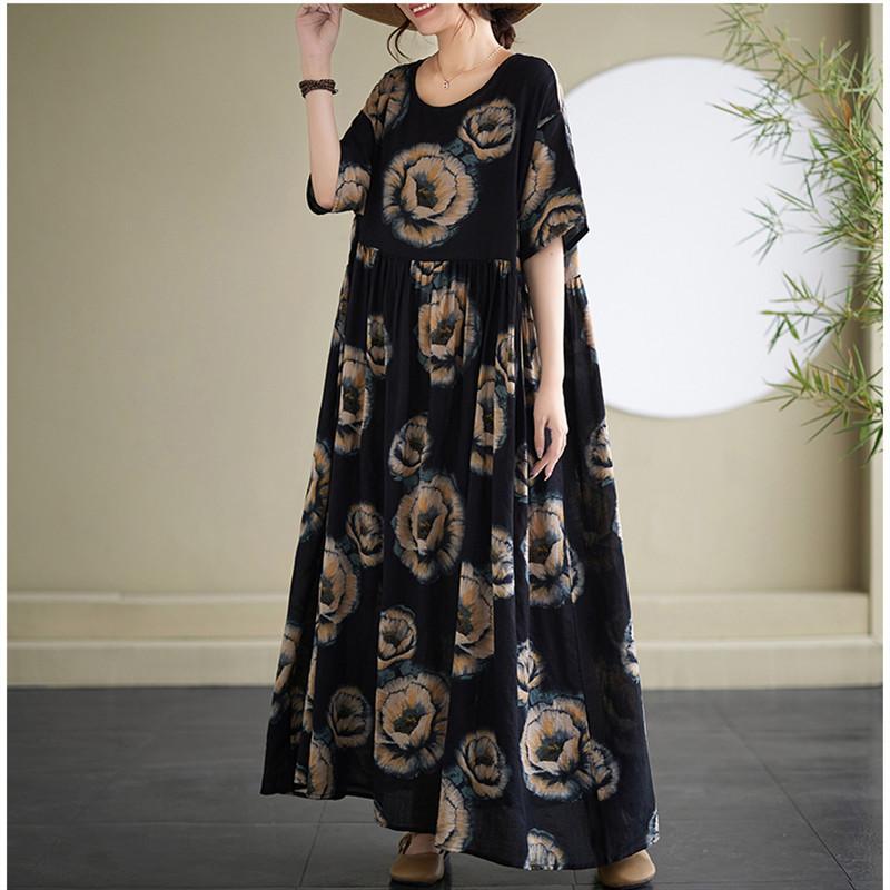 Kortärmad Plus size bomull vintage blommig ny i klänningar för kvinnor avslappnad lös lång sommarklänning