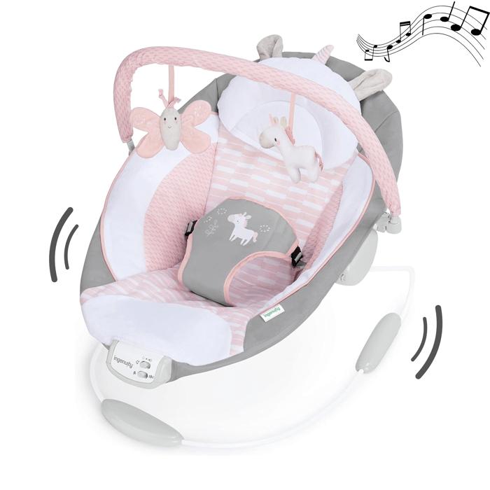 INGENUITY Baby Bouncer - Flora - Arch with Removable Awakening Toys, 8 Melodies, Soothing Vibrations, Baby Gift