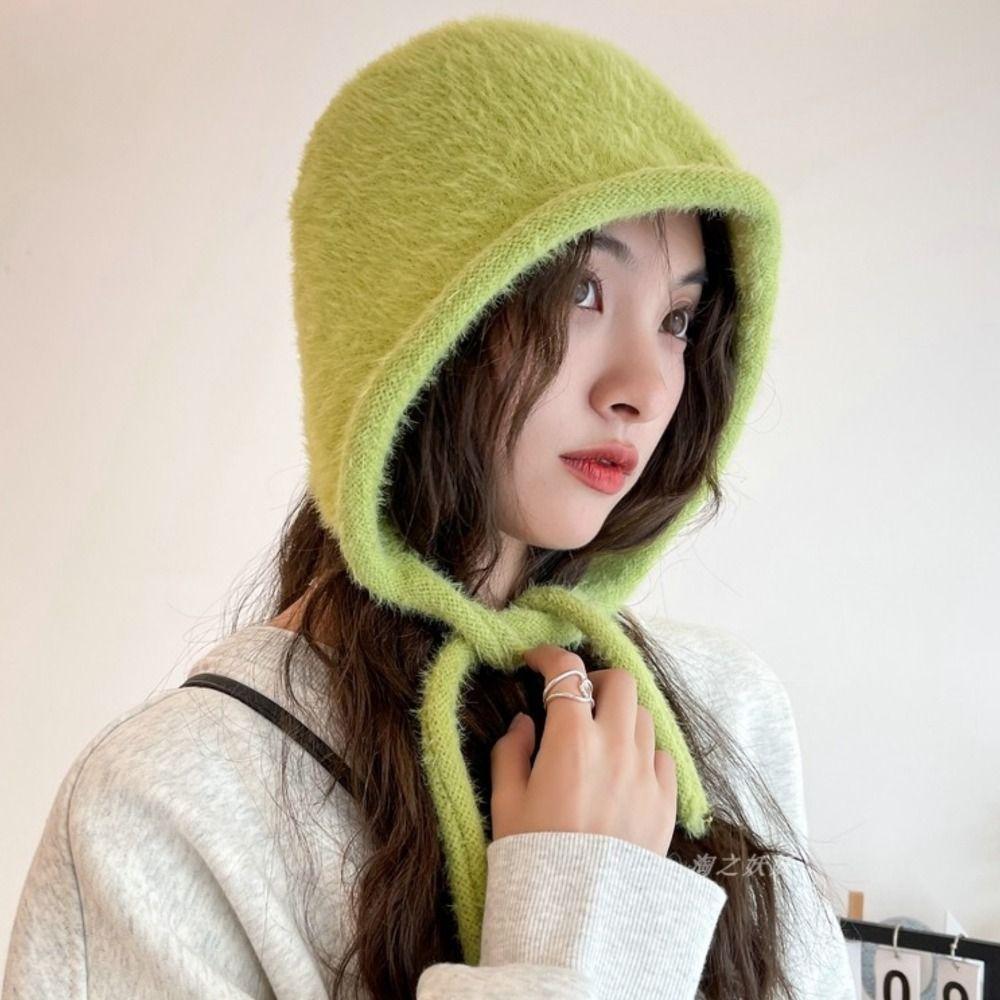 Теплый вязаный пуловер Шапка однотонная Зимняя шапка с защитой ушей Плюшевая мягкая шерстяная шапка-бини Женская