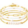 Dainty Gold Plated Pearl Crystal Beaded Bracelets Set for Women 14K Gold Plated Bead Pearl Beads Bracelet Stackable Paperclip Link Chain Bracelets