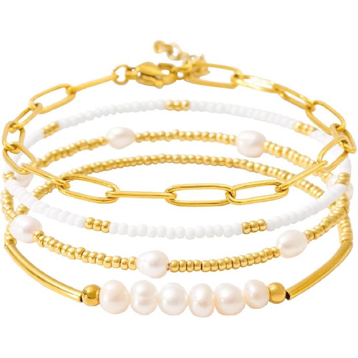 Dainty Gold Plated Pearl Crystal Beaded Bracelets Set for Women 14K Gold Plated Bead Pearl Beads Bracelet Stackable Paperclip Link Chain Bracelets