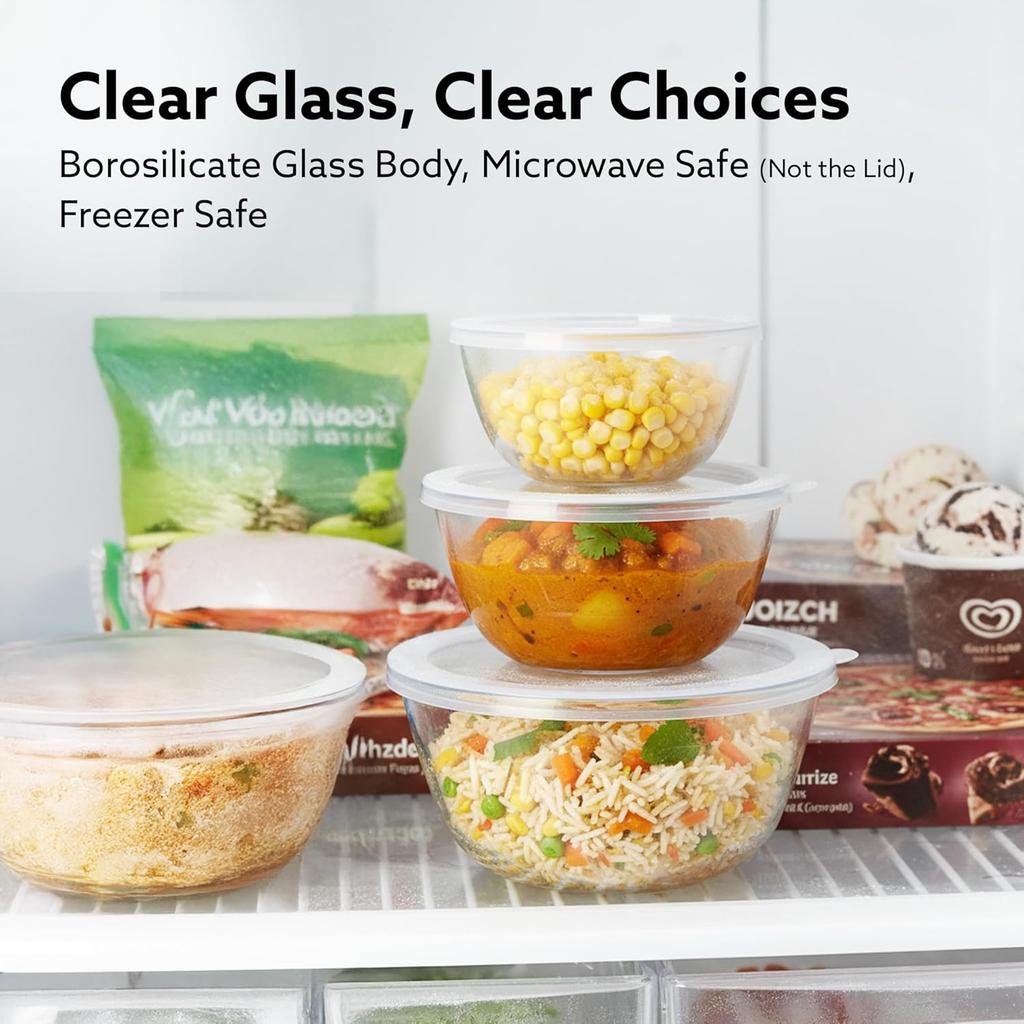 Borosilicate Glass Mixing Bowl with Lid, 3 Pcs Set (500ml, 800ml &1600ml), Serving Bowl, Transparent
