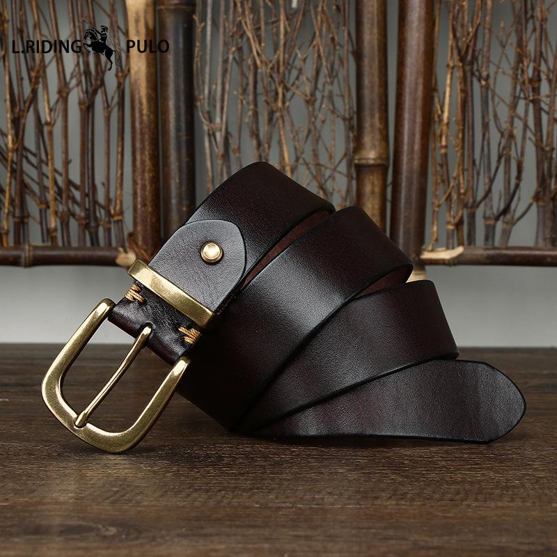 Ceinture en Cuir Véritable Cuir de Vachette Grain Supérieur Lavé Rétro pour Homme avec Boucle en Laiton, Nouvelle Ceinture Tendance Style Coréen