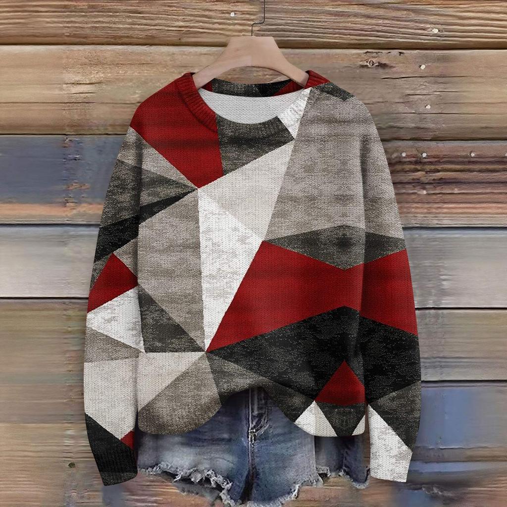 Long Sleeve Pullover Sweaters For Women O Neck Casual Cute Printing Knit Oversized Sweater