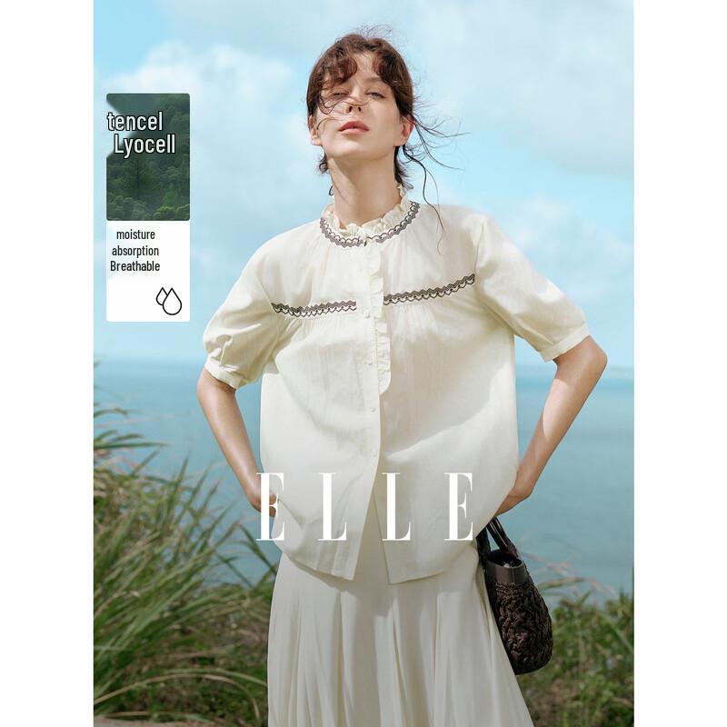 ELLE Embroidered Ruffle Collar Lyocell Tencel Shirt M