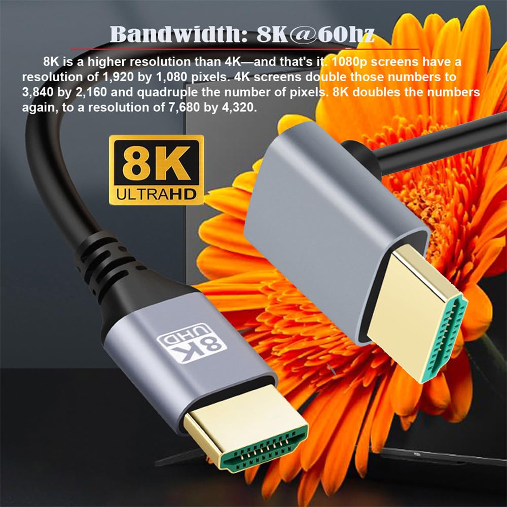 Cablecc HDTV HDMI Male To Male 8K Hyper Flexible Slim 90 Degree Down for 50cm Ultra-Thin 2.1 Cable, 4K, Cord, Angle, Type-A, Computers, HDTVs,