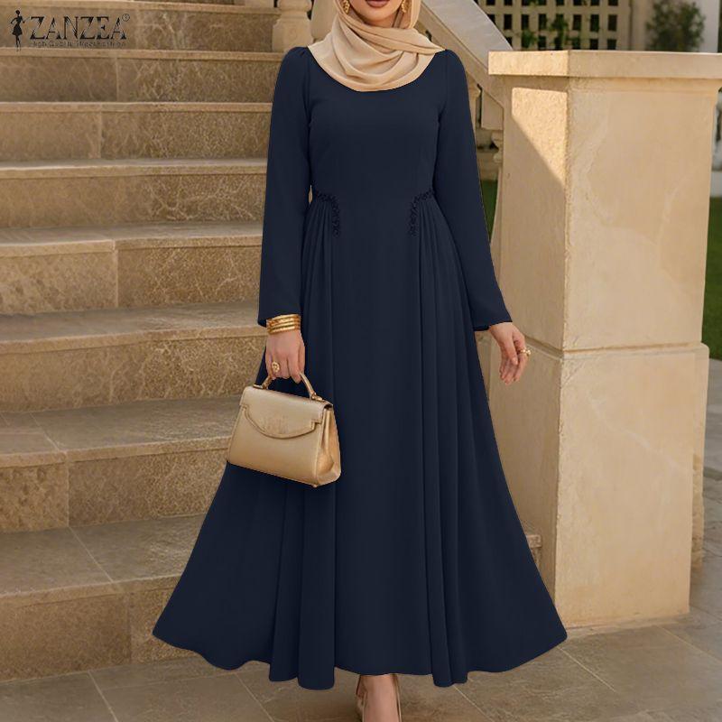 ZANZEA Women Muslim Casual Round Neck Long Sleeve Loose Long Dress