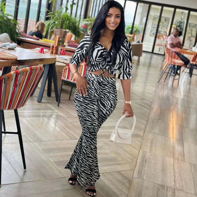New European and American Women's Elegant V-neck Zebra Print Slim Short Top African Casual Straight-leg Pants Set