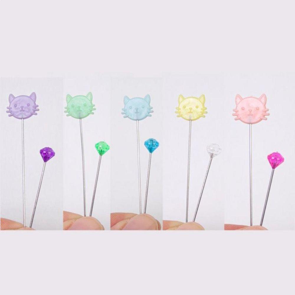 80pcs DIY Crafts Cat-Shaped Diamond Head Pins Multi-Color Pin Cushion  Clothes Sewing Project