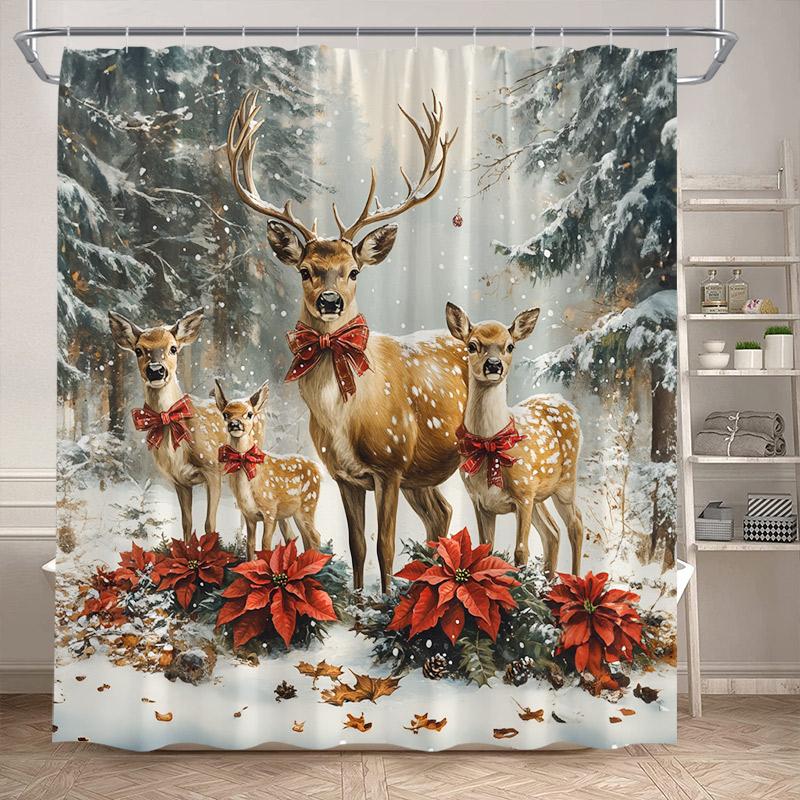 Christmas Highland Cow Shower Curtain Winter Cedar Snowy Xmas Gifts Farm Animal New Year Home Bathroom Curtains Decor With Hooks