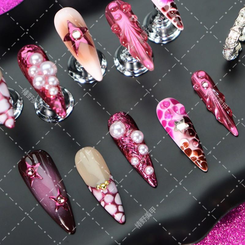 Press-On Nails Women Handmade Purple Red Leopard Ombre French Style Acrylic Tips Long Almond Shape Ultra-Thin Seamless Fit