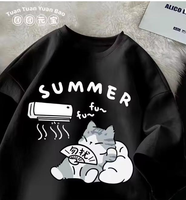 M8xl Summer Unisex Oversize TShirt Korean Casual Loose Style Kitten Blowing Fan Print TShirt Suitable For Both Unisex Unisex