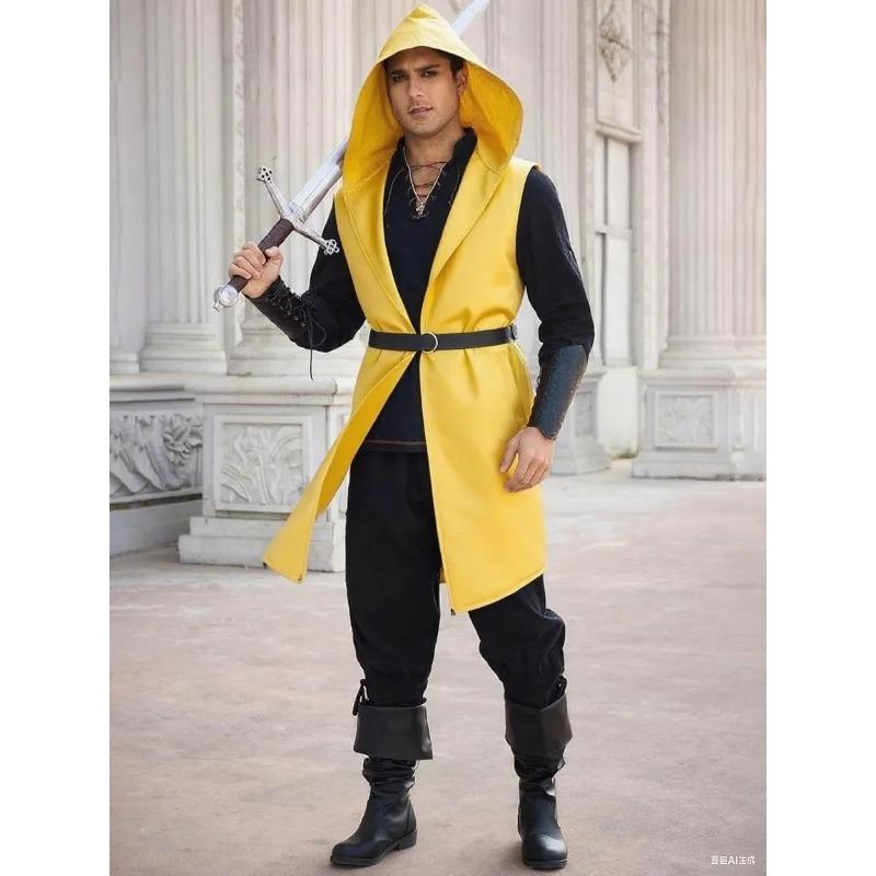 Men's Renaissance Ranger Costume Hooded Surcoat Medieval Knight Sleeveless Viking Holloween Cloak