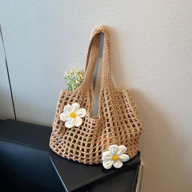 Women Knitted Shoulder Bag Tote Handbag Large Capacity Summer Beach Bag Lightweight Casual Top Handle Bag Chic Hobo Bag