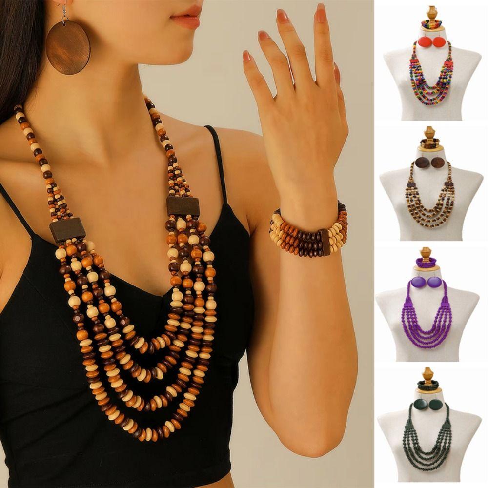 Colorful Vintage Boho Bib Beads Ethnic Style Geometric Beaded Necklace  Women Party Accessories