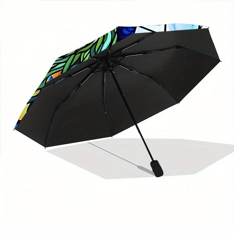 1pc Peacock StainedGlass Automatic Open/close, Heavy-Duty Iron Frame & 8-Rib structure, Compact Folding Umbrella for Women/Men, All-Season Travel, Hal