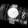Men'S Casual Fashion Mesh Strap Simple Watch + Bracelet 4-Piece Men'S Watch Quartz Watch