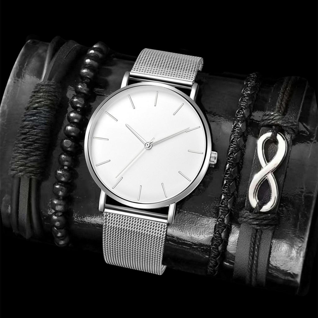 Men'S Casual Fashion Mesh Strap Simple Watch + Bracelet 4-Piece Men'S Watch Quartz Watch