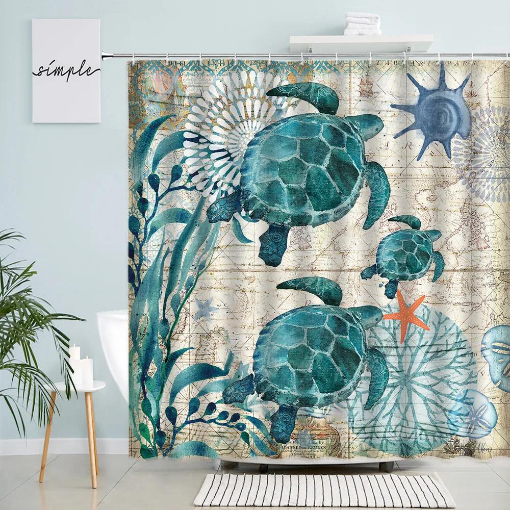 Sea Turtle Seahorse Octopus Shower Curtains Ocean Animals Tentacles Vintage Map Print Fabric Bathroom Curtain Home Decor Hooks