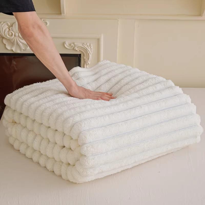 Ultra-Soft Faux Rabbit Fur Striped Throw Blanket - Double-Layered for Warmth, Ideal for Sofa or Bedroom.