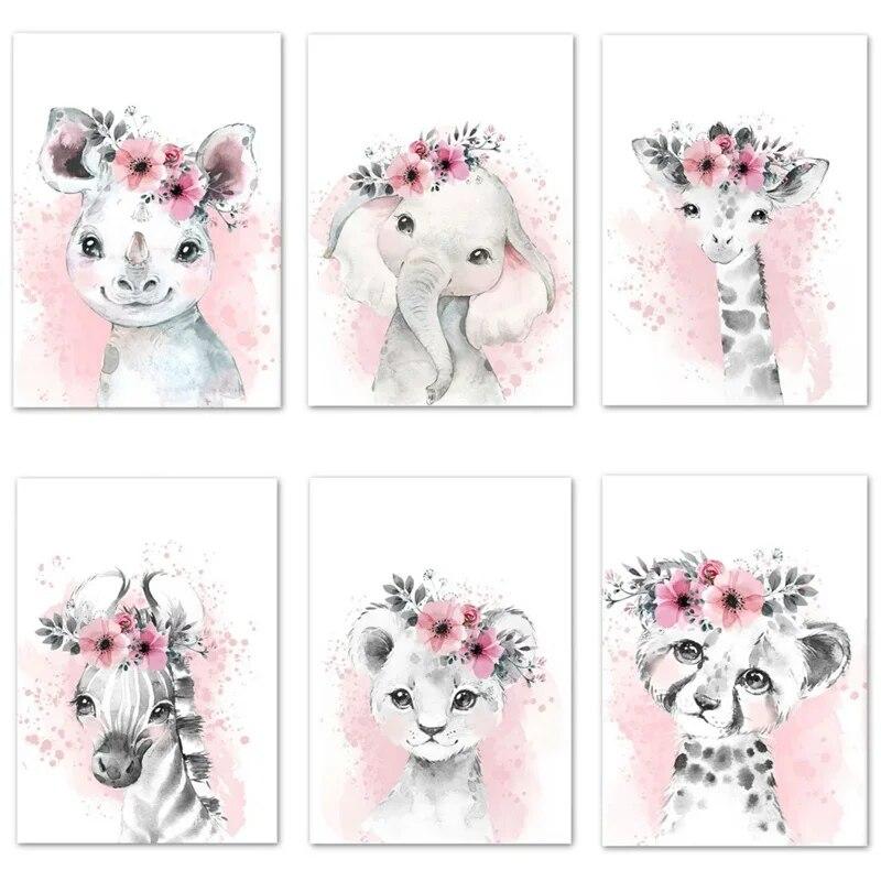Acquerello Fiore Animale Tela Pittura Asilo Nido Rosa Baby Arte Murale Nordico Poster Stampe Zebra Elefante Giraffa Decor Immagini