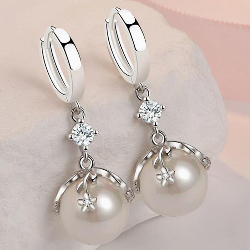 Pearl Earrings Fashionable Temperament Inlaid Zircon Flower Ear Buckle Light Luxury Sweet 925 Silver Women's Earrings KOFSAC