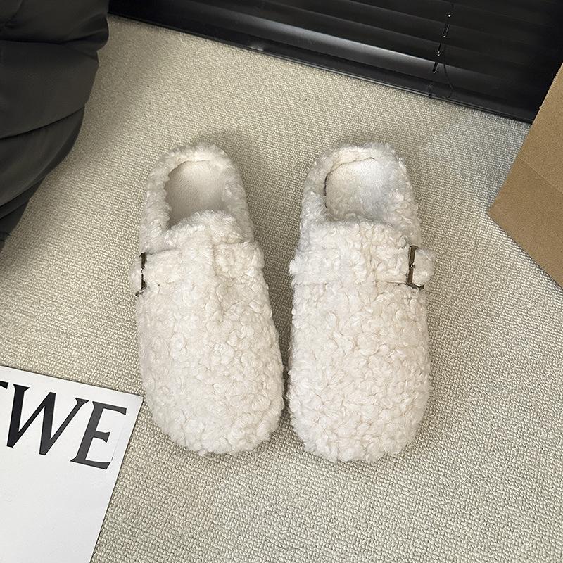 Internet celebrity fairy wind lamb wool white fluffy shoes female outer wear lazy one pedal warm velvet bag head half slippers