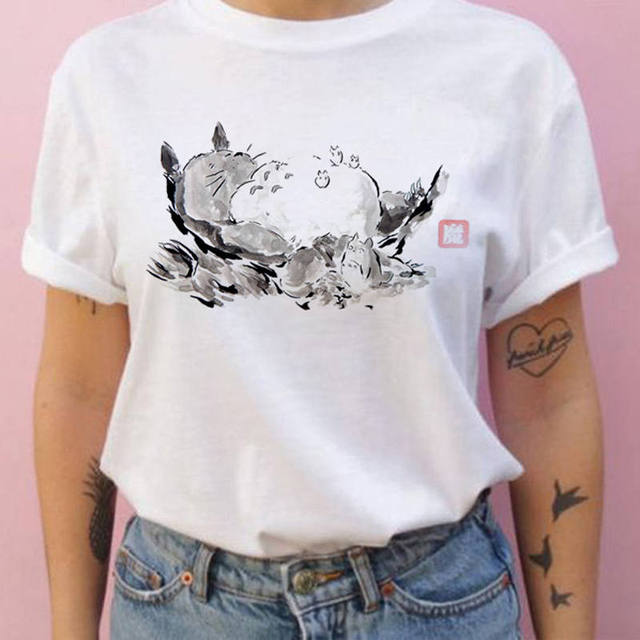 Summer 100% cotton T-shirt Studio Ghibli Totoro Harajuku style Kawaii Totoro Ghibli loose casual T-shirt women