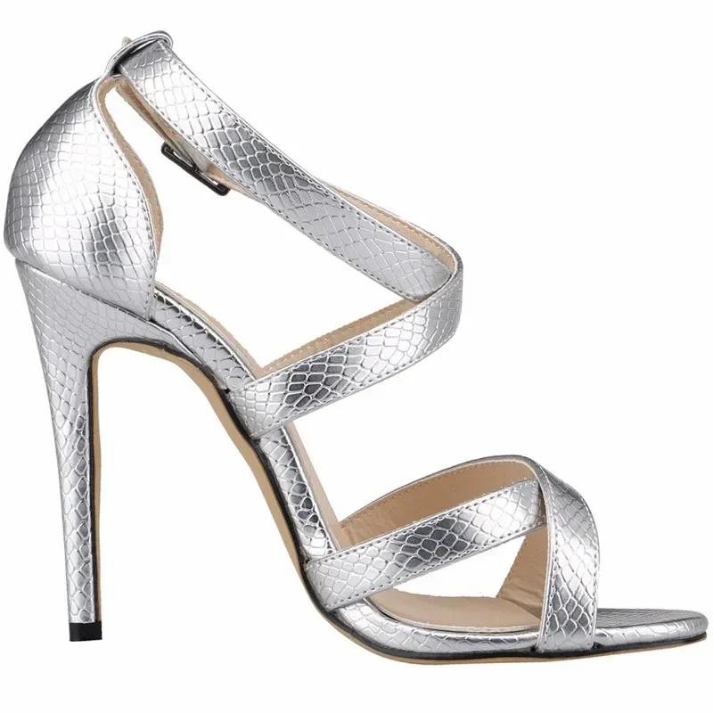 Women Sandals Stilettos Fashion Buckle Strap High Heels Sandal Crocodile Sexy 11cm Party Gold Silver Wedding Shoes Plus Size 42