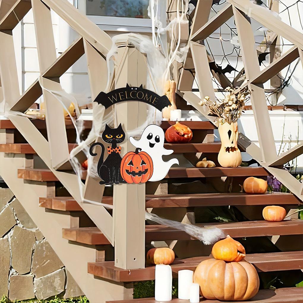 High Quality Halloween Decorative Wooden Sign with Black Cat, Pumpkin and Ghost - "Welcome" Design for Door Hanging