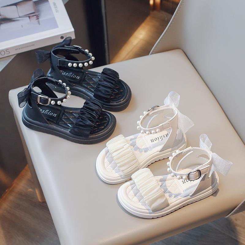 Girls Princess Sandals with Pearls Children Summer Beach Shoes Soft Soles Fashion Kids Bow-knot Gladiator Sandals Size 26-37