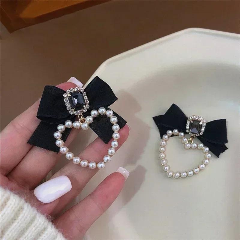 Women Cute Fashion Black Bowknot Square Crystal Zircon Drop Earrings Elegant Pearl Heart Creative Gifts Accessories Decor